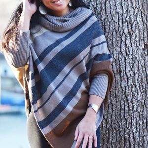 Turtleneck Plaid Fringe Hem Poncho Sweater